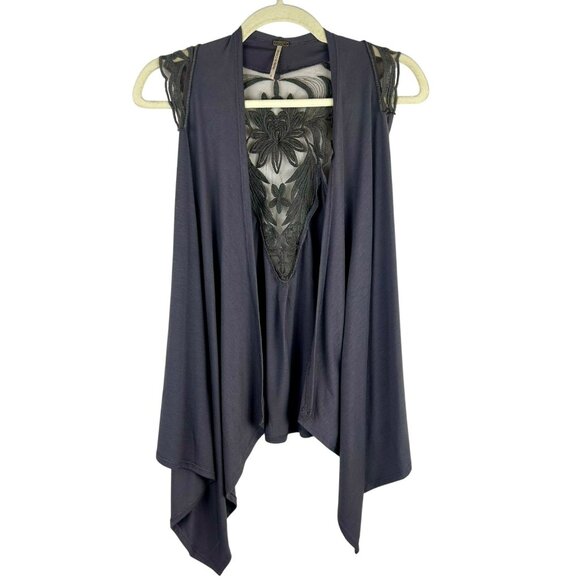 Poof Boho Festival Lace Vest Women Large Gray Knit Assymetrical Hem Open Front - Picture 1 of 7